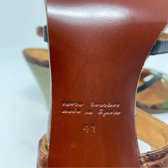 Chie MiharaHeel Sandals Leather Strappy Brown Green B&W Checkered Heel 41 /11